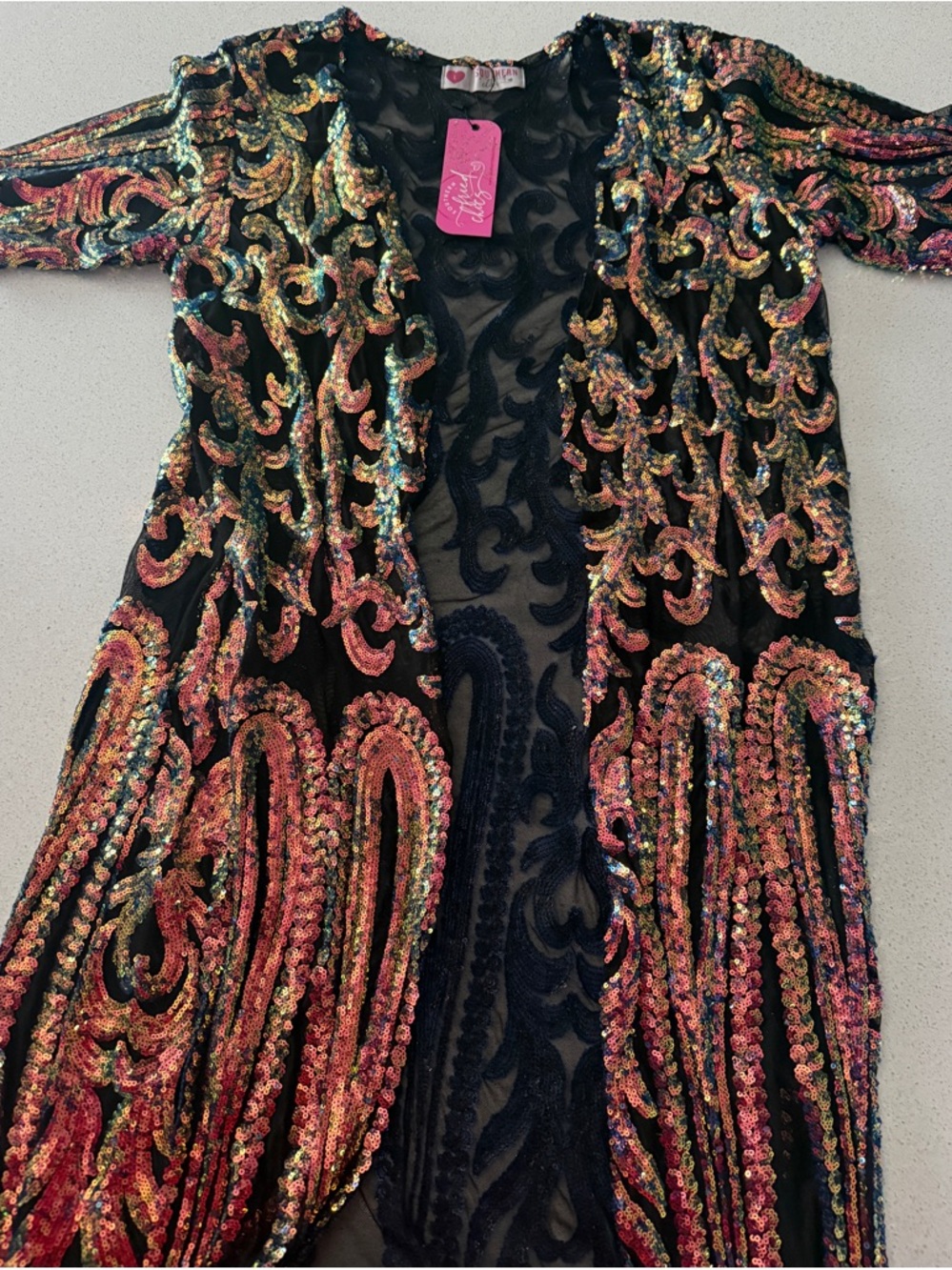 Southern Fried Chics Sequin Embellished Open Front Duster - Multicolor on Black